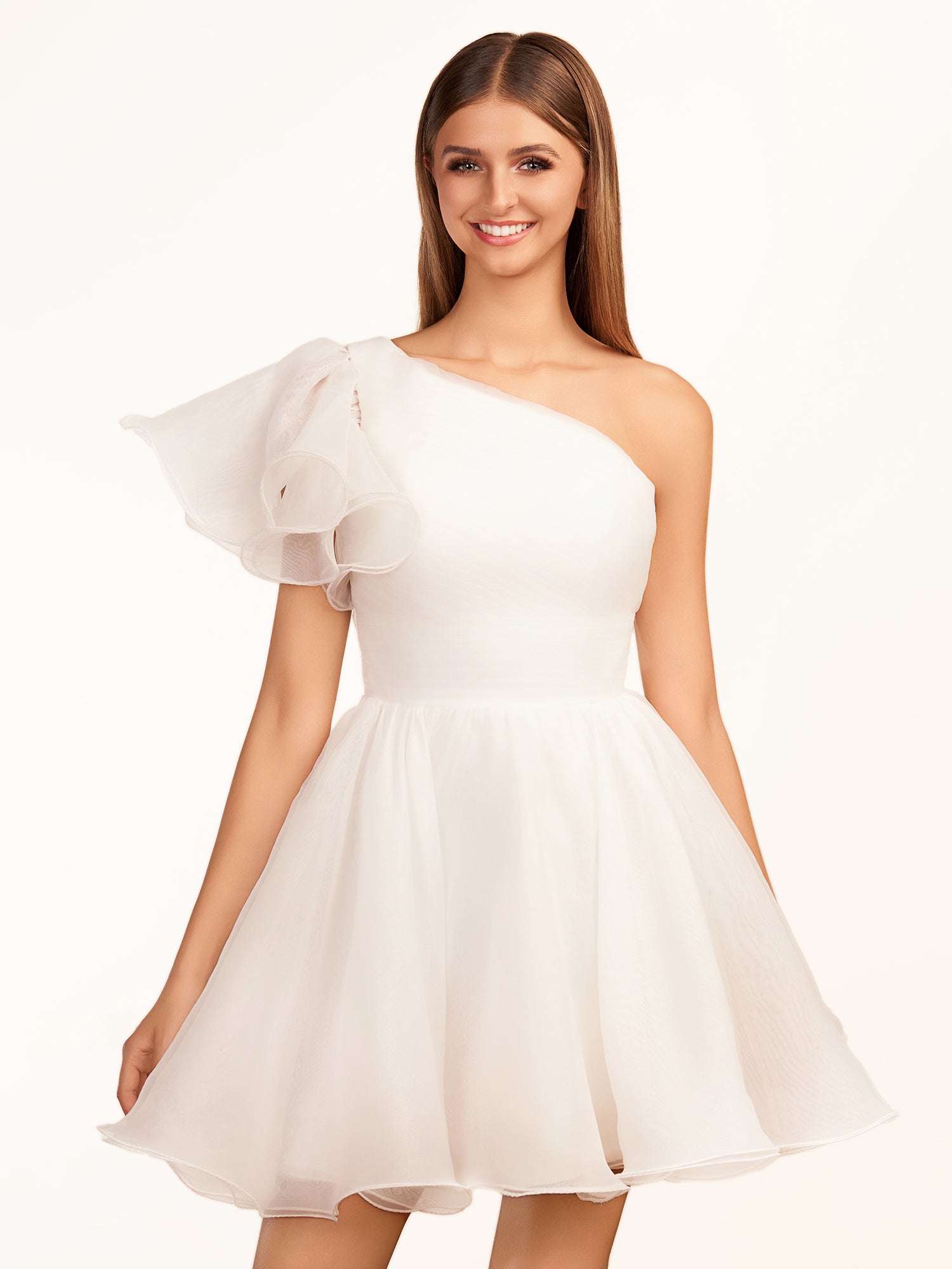 KissProm A-line One Shoulder Organza Ruffled Homecoming Dress | The one-shoulder neckline elevates your look with a contemporary edge while short ruffled sleeves add a playful touch, perfect for dancing the night away.