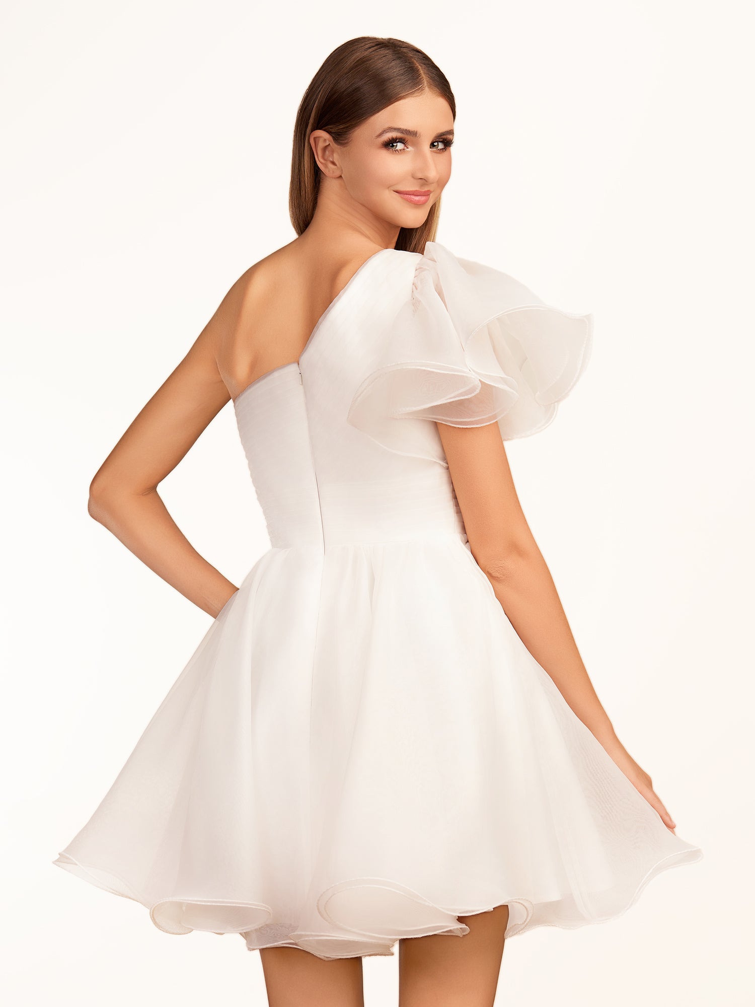 KissProm A-line One Shoulder Organza Ruffled Homecoming Dress | The one-shoulder neckline elevates your look with a contemporary edge while short ruffled sleeves add a playful touch, perfect for dancing the night away.