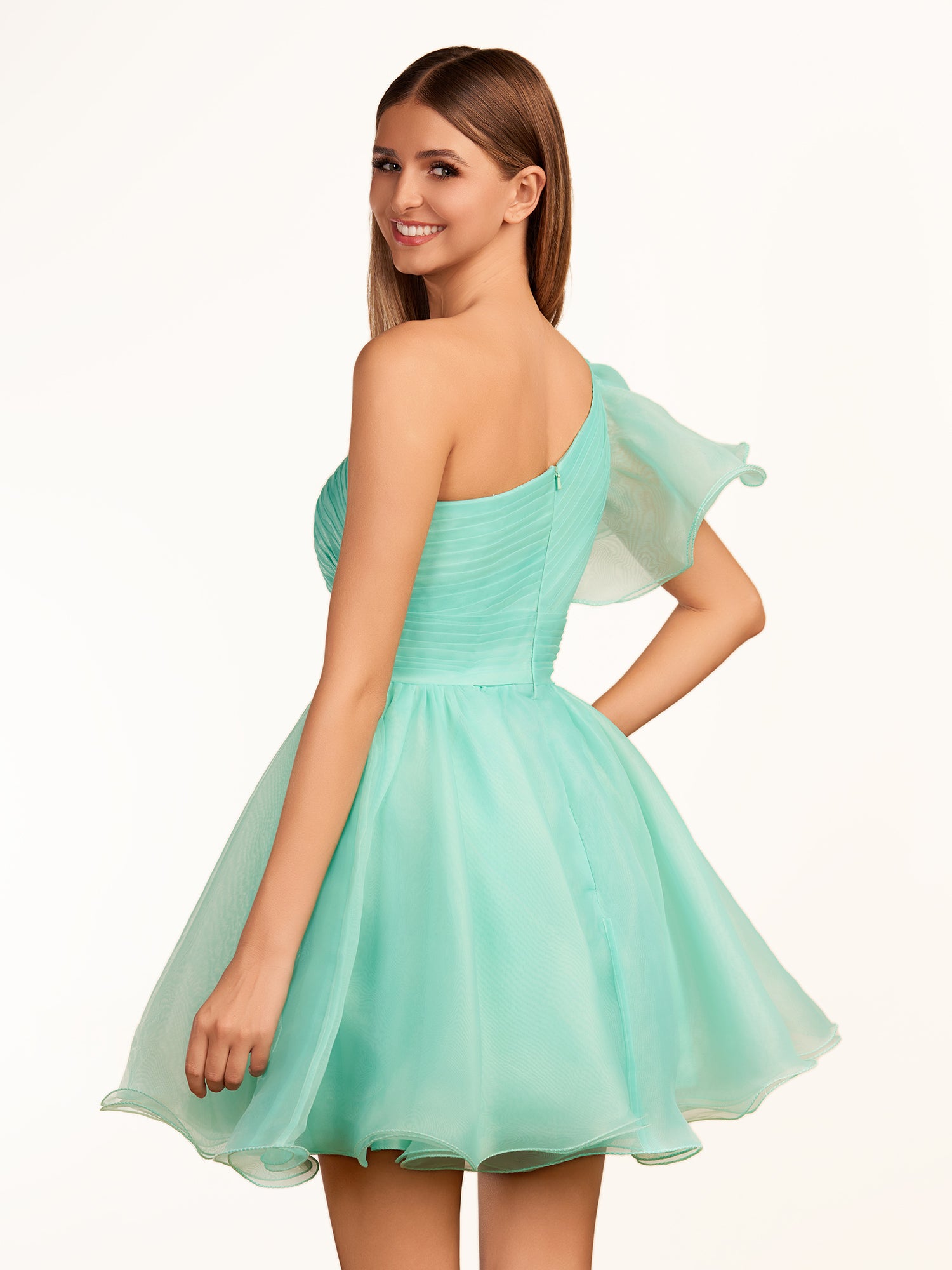 KissProm A-line One Shoulder Organza Ruffled Homecoming Dress | The one-shoulder neckline elevates your look with a contemporary edge while short ruffled sleeves add a playful touch, perfect for dancing the night away.