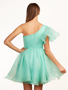 KissProm A-line One Shoulder Organza Ruffled Homecoming Dress | The one-shoulder neckline elevates your look with a contemporary edge while short ruffled sleeves add a playful touch, perfect for dancing the night away.