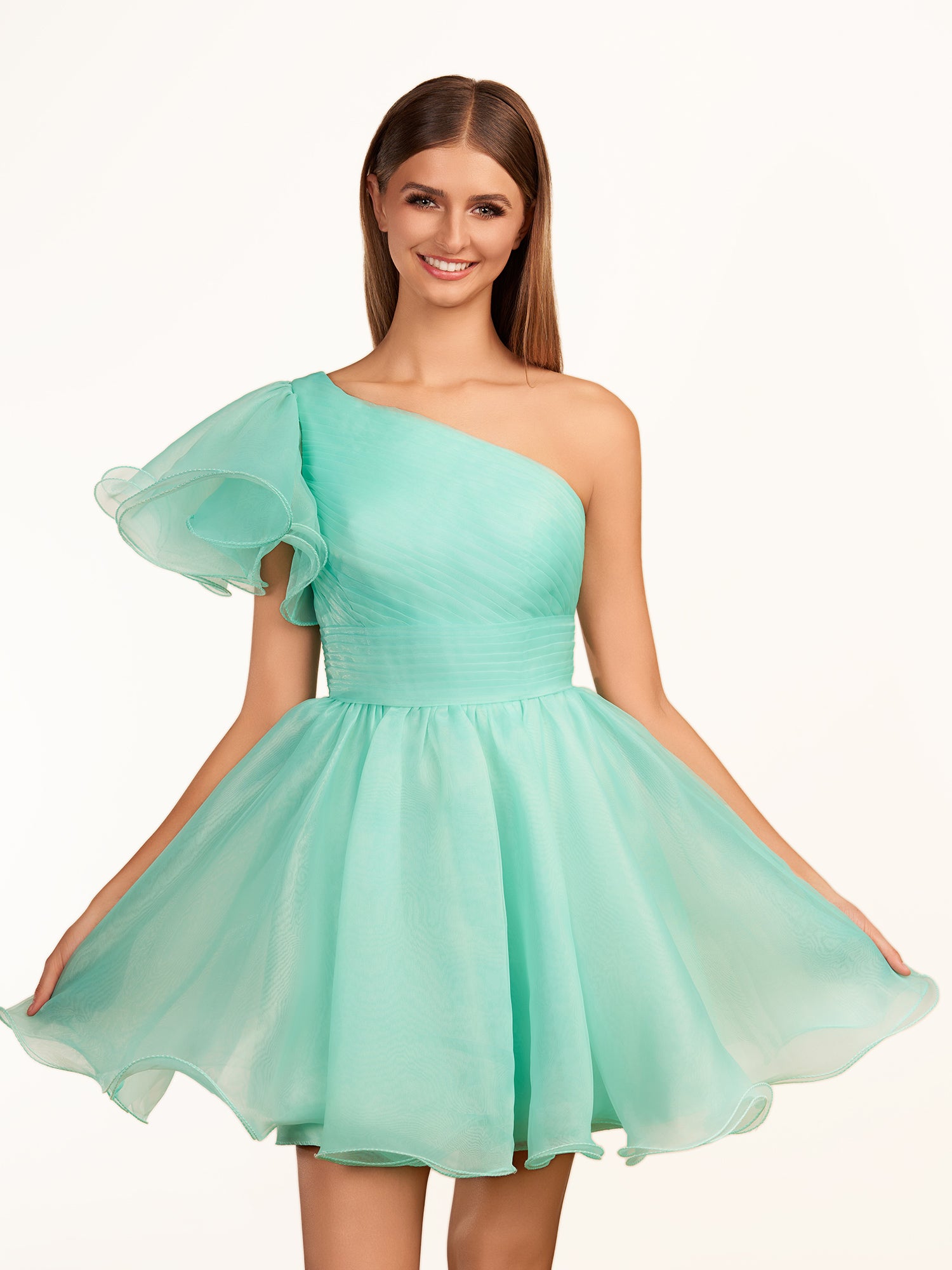 KissProm A-line One Shoulder Organza Ruffled Homecoming Dress | The one-shoulder neckline elevates your look with a contemporary edge while short ruffled sleeves add a playful touch, perfect for dancing the night away.