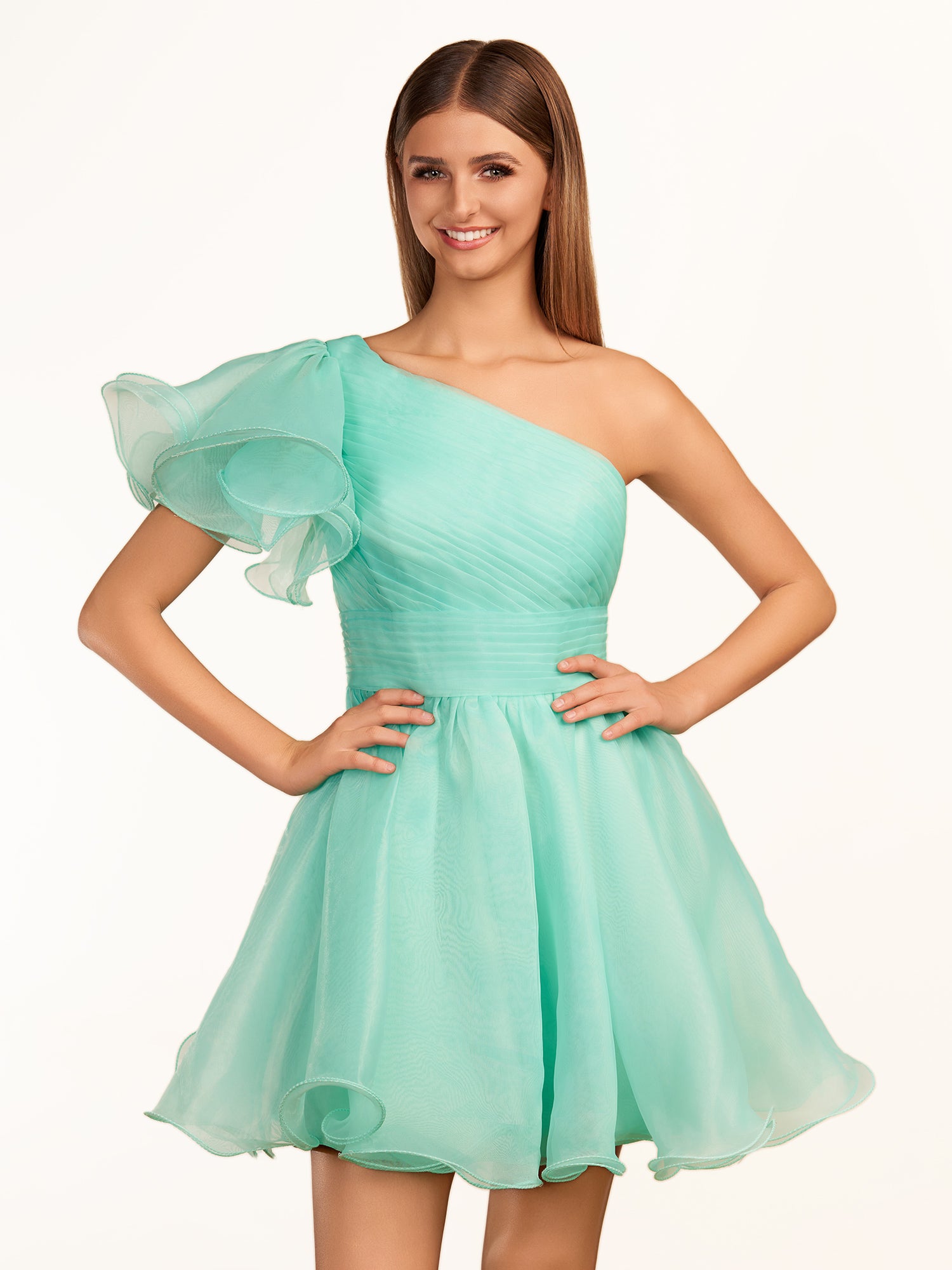 KissProm A-line One Shoulder Organza Ruffled Homecoming Dress | The one-shoulder neckline elevates your look with a contemporary edge while short ruffled sleeves add a playful touch, perfect for dancing the night away.