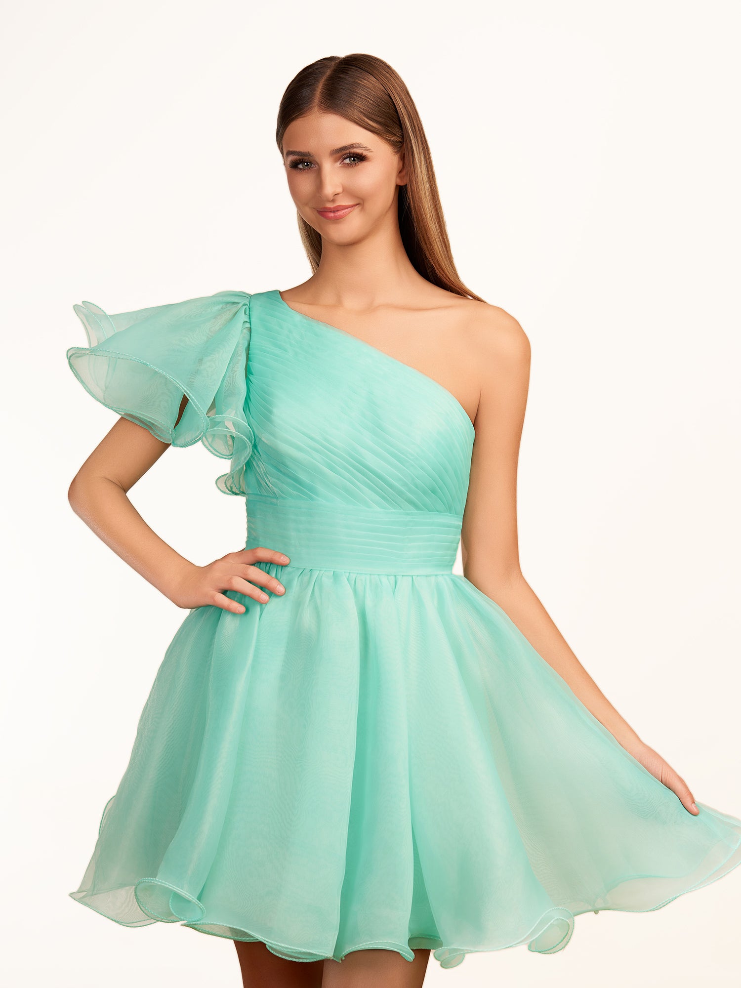 KissProm A-line One Shoulder Organza Ruffled Homecoming Dress | The one-shoulder neckline elevates your look with a contemporary edge while short ruffled sleeves add a playful touch, perfect for dancing the night away.