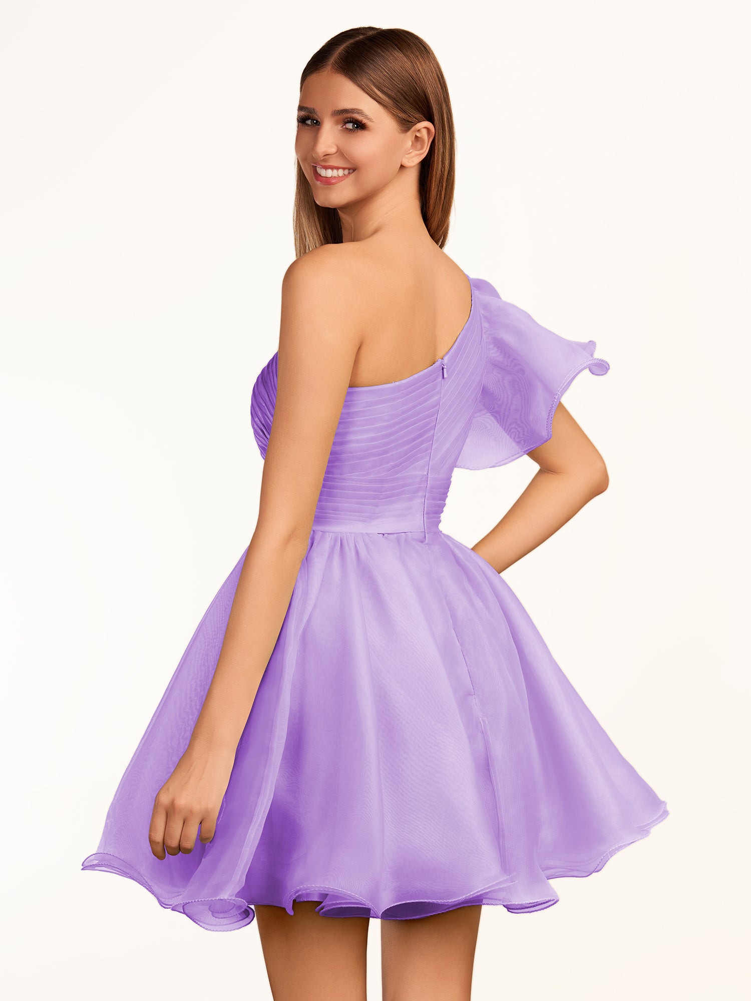 KissProm A-line One Shoulder Organza Ruffled Homecoming Dress | The one-shoulder neckline elevates your look with a contemporary edge while short ruffled sleeves add a playful touch, perfect for dancing the night away.