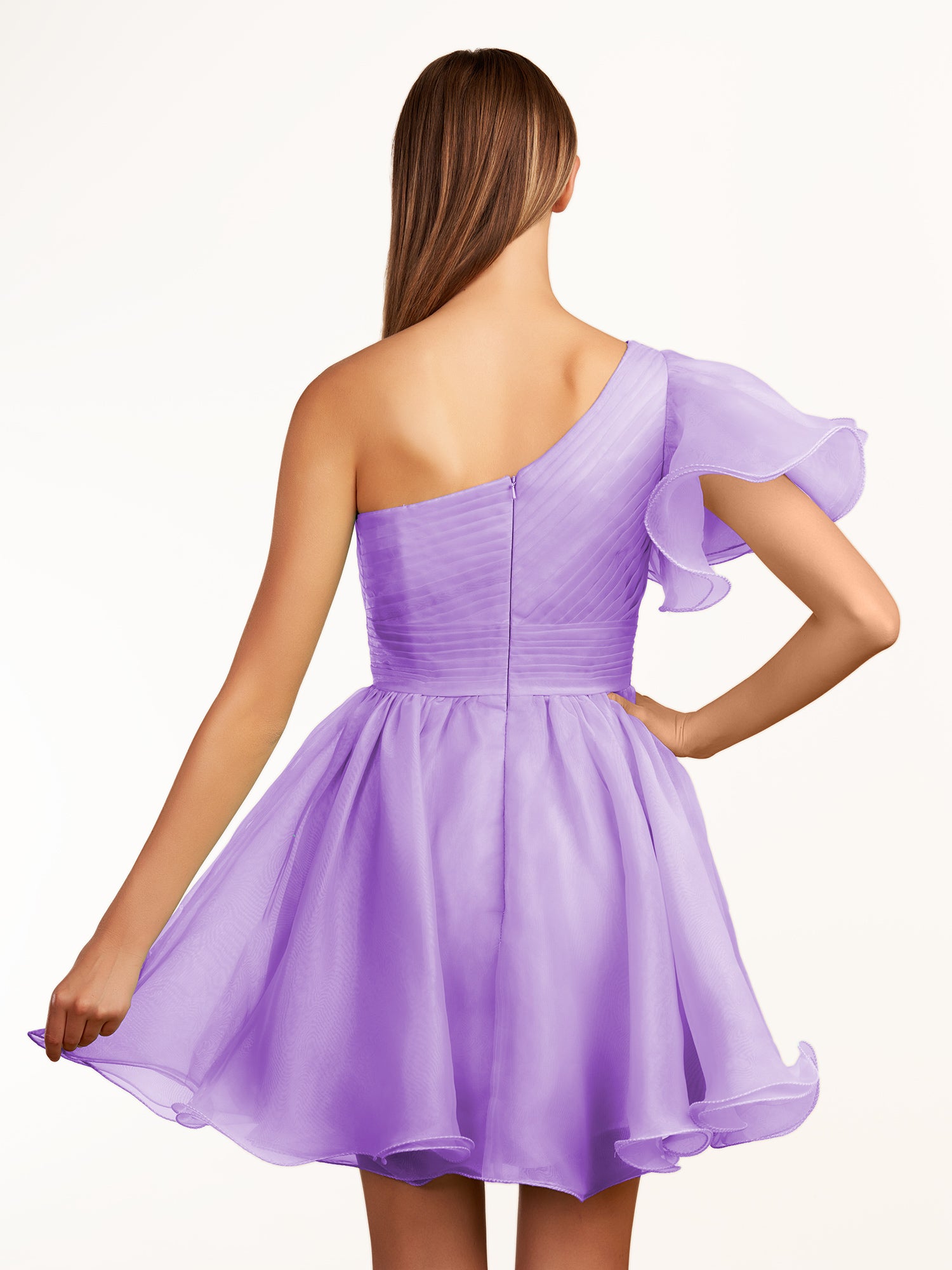 KissProm A-line One Shoulder Organza Ruffled Homecoming Dress | The one-shoulder neckline elevates your look with a contemporary edge while short ruffled sleeves add a playful touch, perfect for dancing the night away.