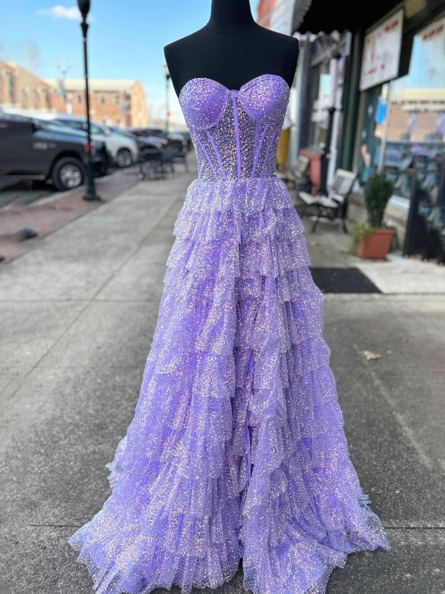 Rosina | Lavender A - Line Sweetheart Sequins Long Prom Dresses With Split - KissProm