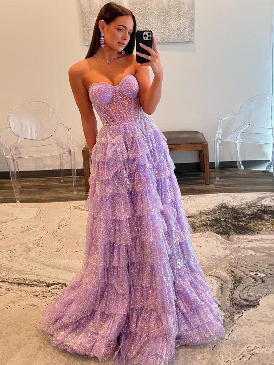 Rosina | Lavender A - Line Sweetheart Sequins Long Prom Dresses With Split - KissProm