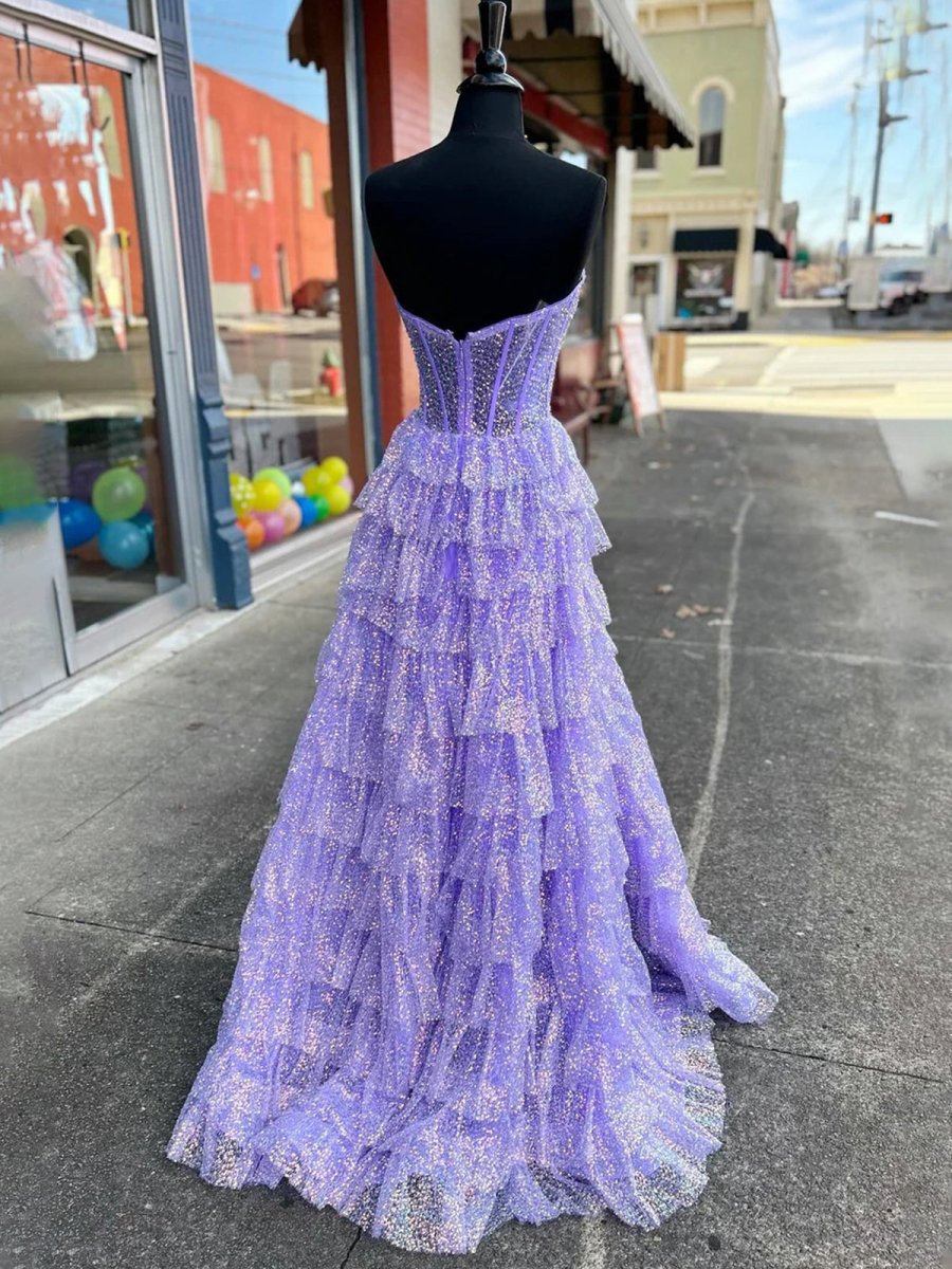 Rosina | Lavender A - Line Sweetheart Sequins Long Prom Dresses With Split - KissProm