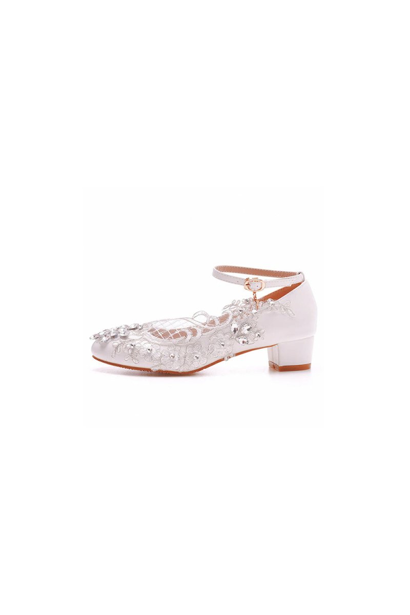 Round Toe Lace Rhinestones Ankle Strap Chunky Heel Wedding Shoes - KissProm