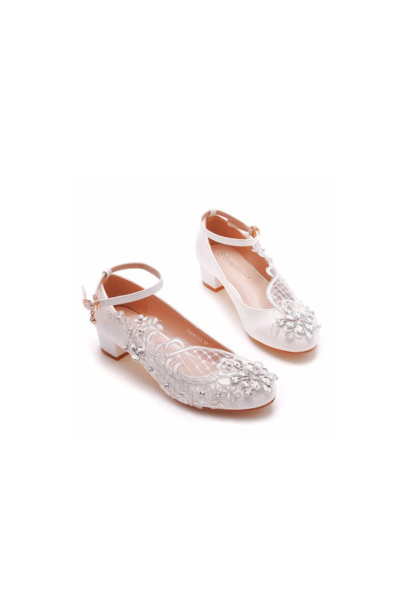 Round Toe Lace Rhinestones Ankle Strap Chunky Heel Wedding Shoes - KissProm