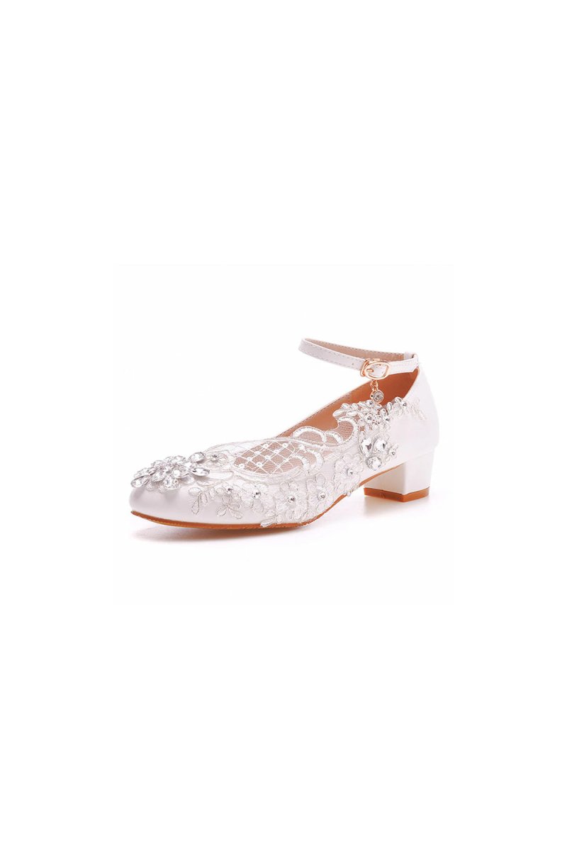 Round Toe Lace Rhinestones Ankle Strap Chunky Heel Wedding Shoes - KissProm