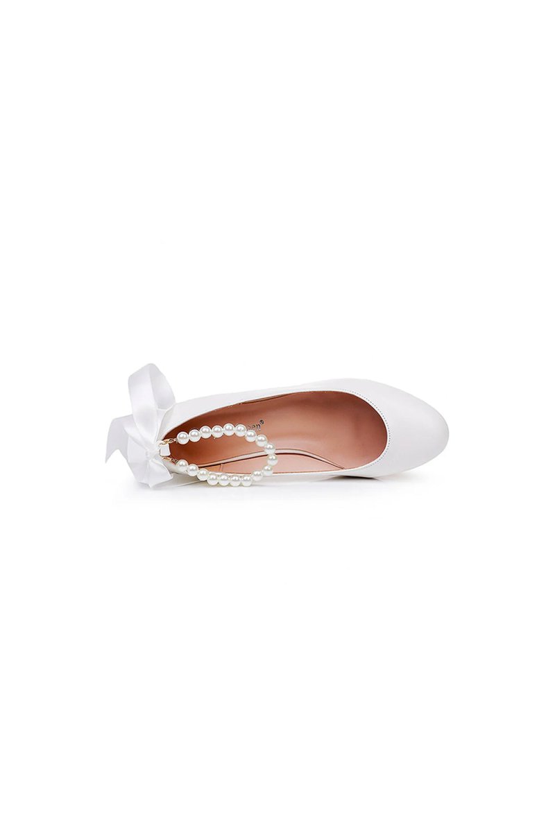 Round Toe Low Chunky Heels Beaded Wedding Shoes - KissProm