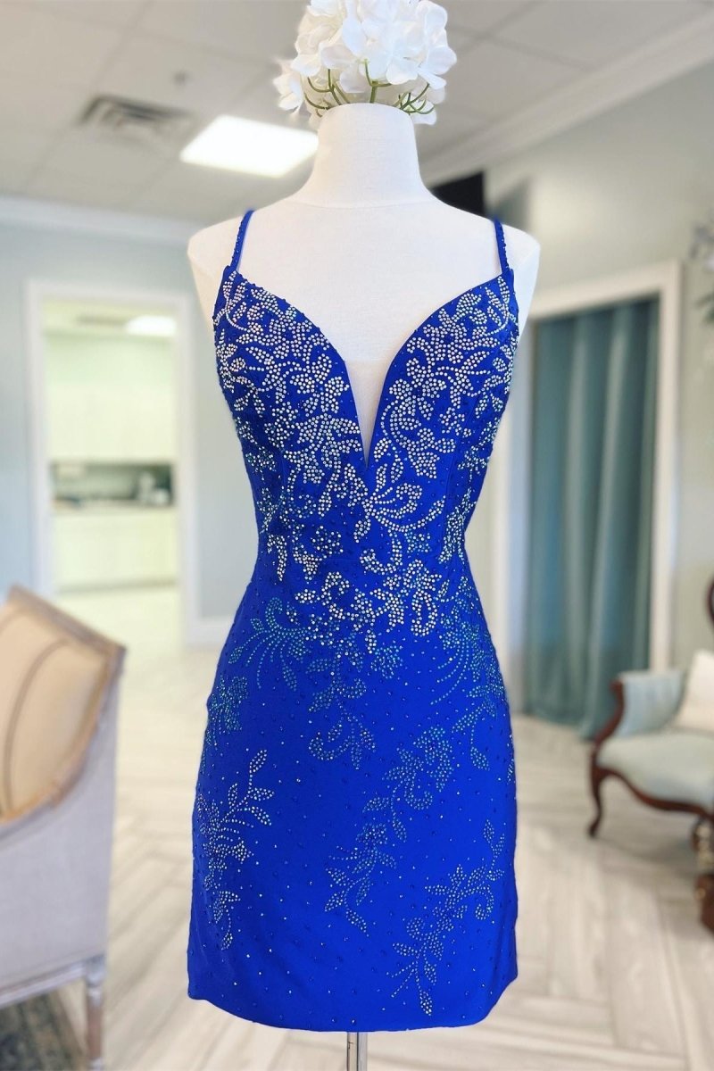 Kerry | Royal Blue Beaded Plunge V Lace - Up Short Homecoming Dress - KissProm