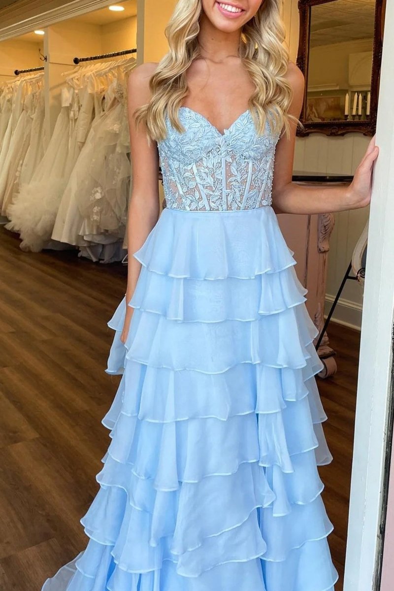 Alondra | Royal Blue Chiffon Sweetheart Ruffle Tiered Long Prom Dress - KissProm