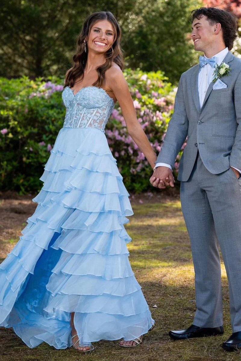 Alondra | Royal Blue Chiffon Sweetheart Ruffle Tiered Long Prom Dress - KissProm