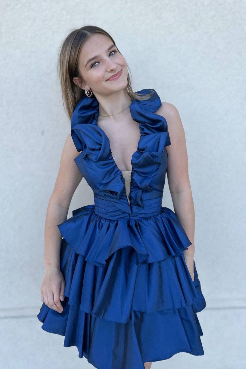 Irisia | A - Line Deep V - Neck Satin Short Homecoming Dress with Ruffles - KissProm