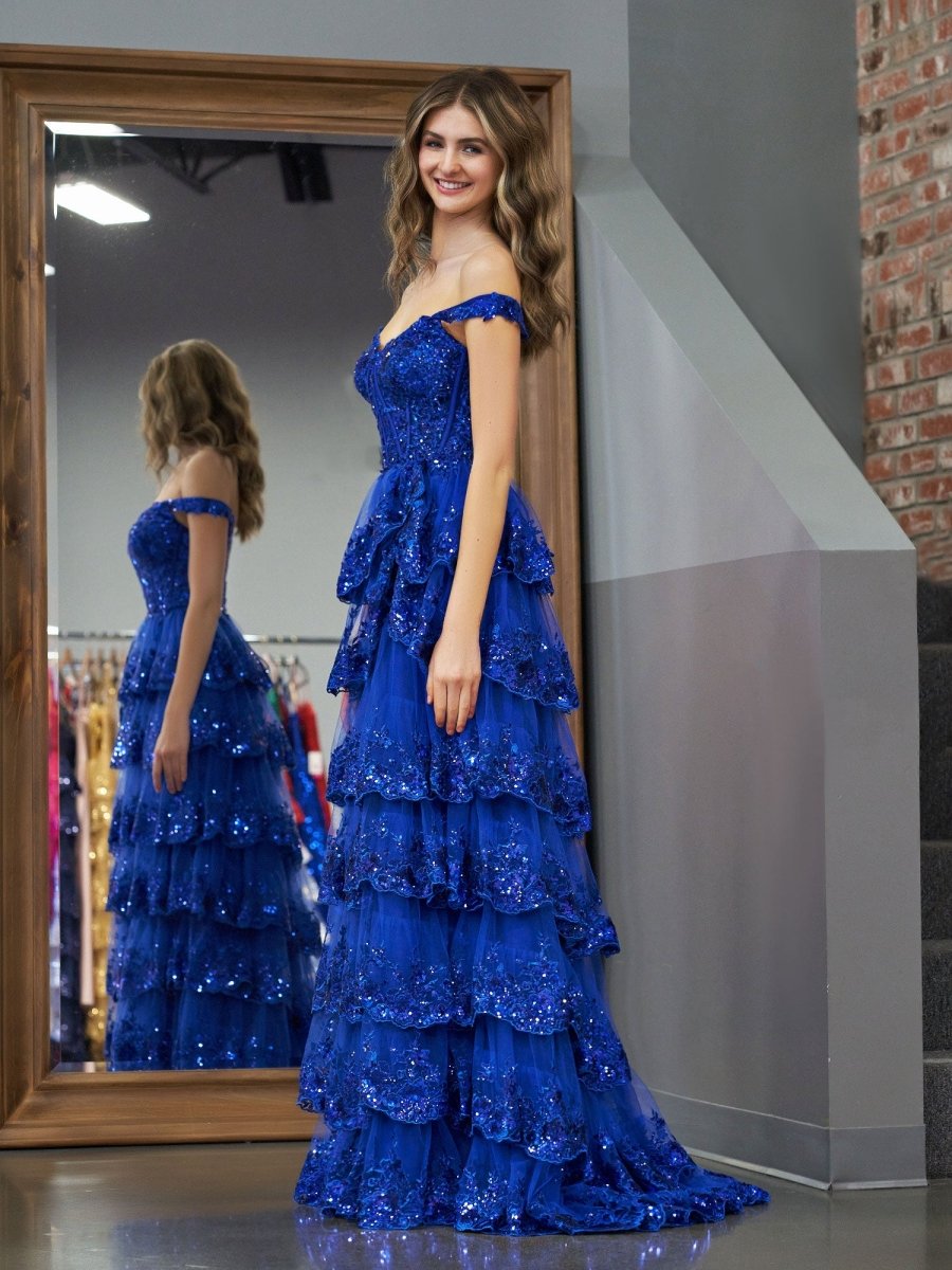 Royal Blue Princess A Line Off the Shoulder Corset Prom Dress with Lace Ruffles - KissProm