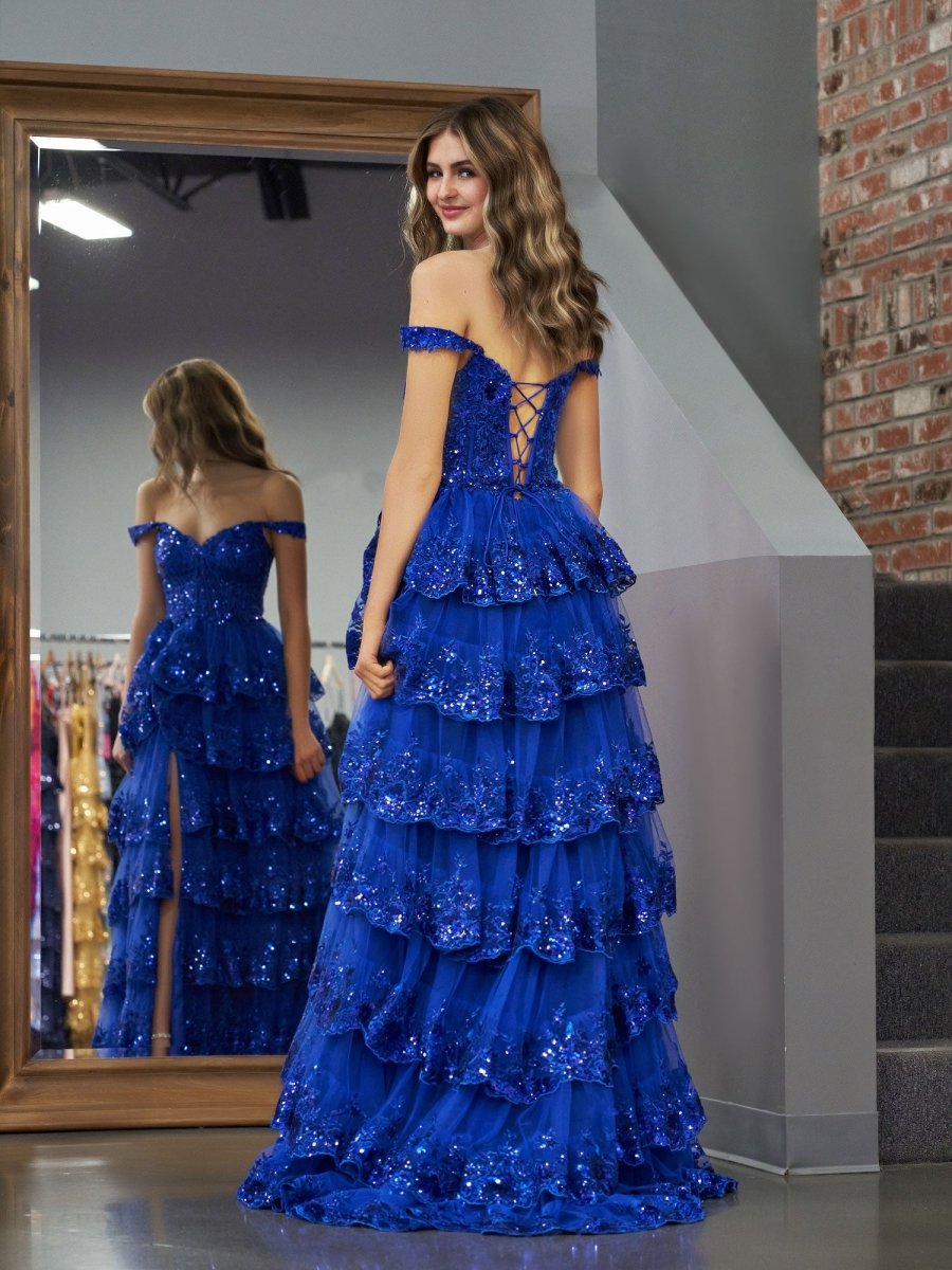 Royal Blue Princess A Line Off the Shoulder Corset Prom Dress with Lace Ruffles - KissProm