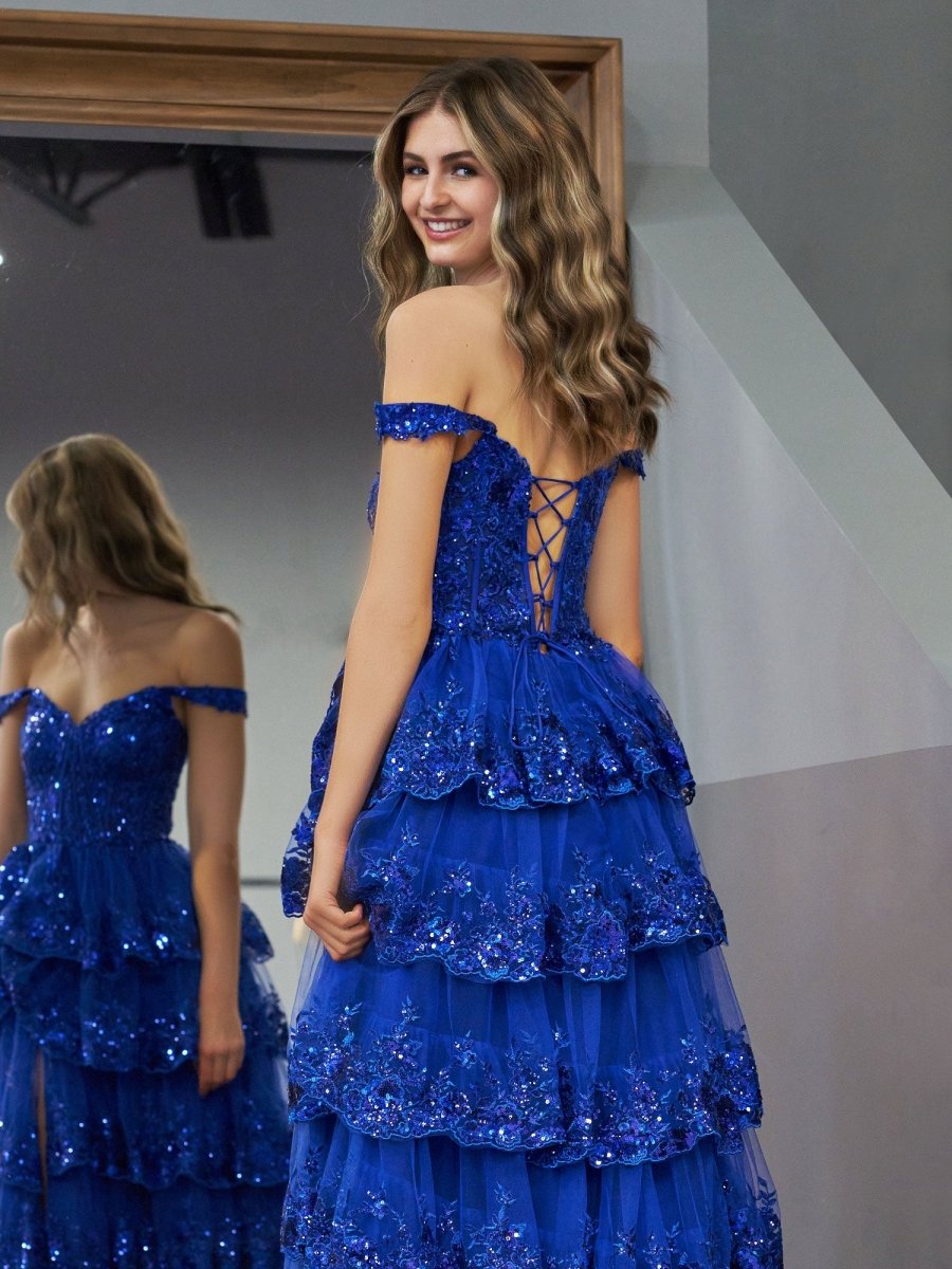 Royal Blue Princess A Line Off the Shoulder Corset Prom Dress with Lace Ruffles - KissProm