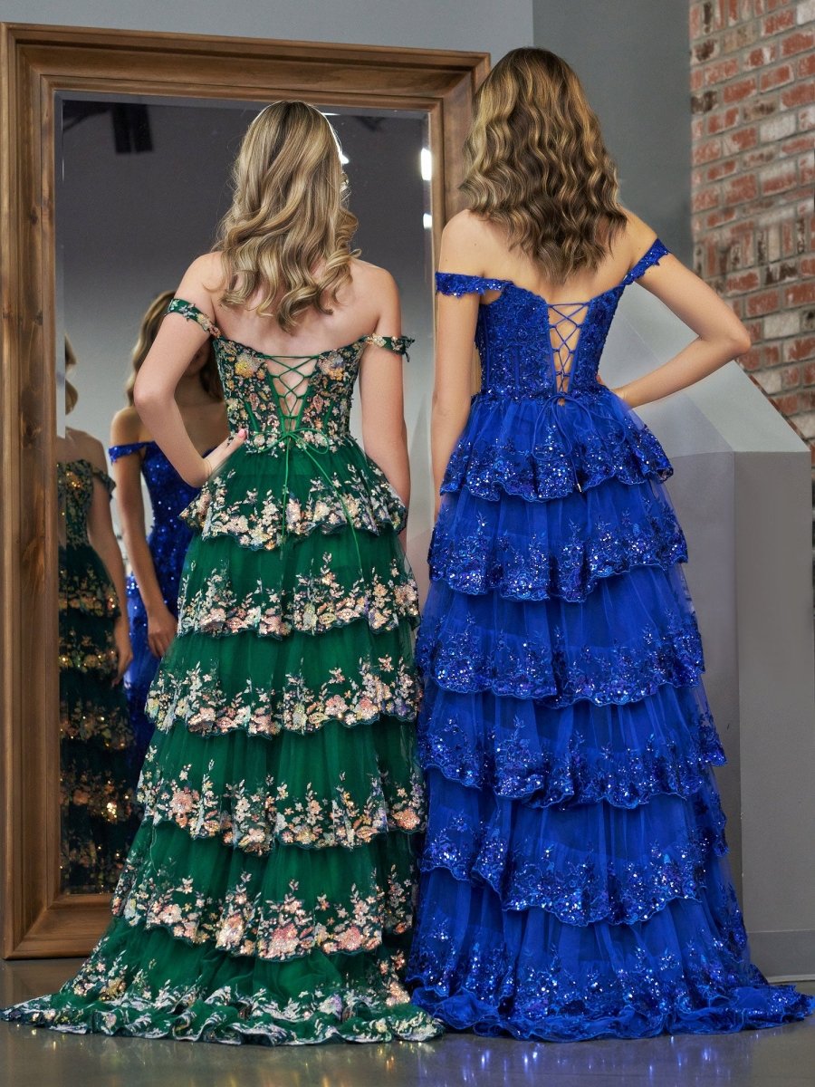 Royal Blue Princess A Line Off the Shoulder Corset Prom Dress with Lace Ruffles - KissProm