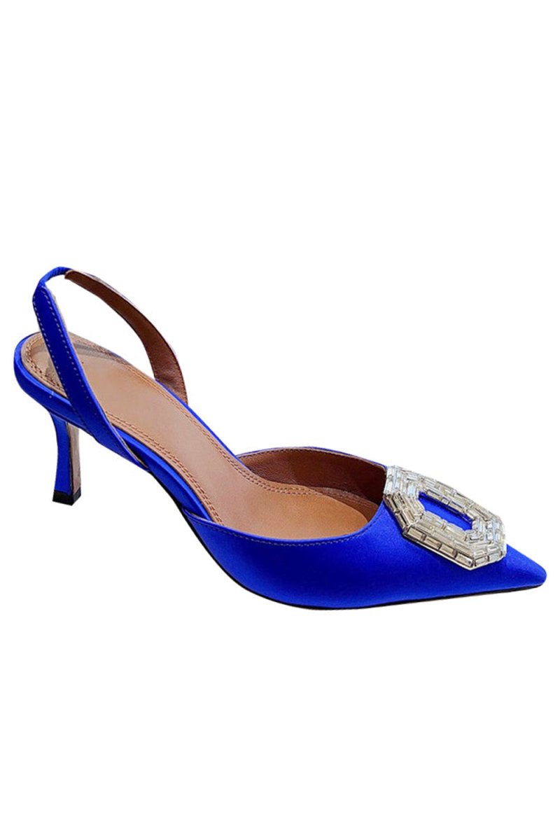 Royal Blue Satin Buckled Mid Heel Stiletto Sandals - KissProm