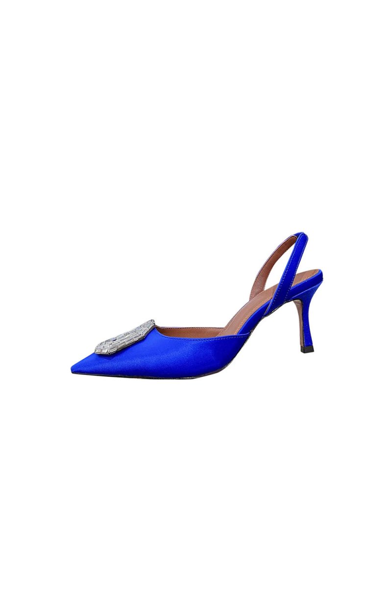 Royal Blue Satin Buckled Mid Heel Stiletto Sandals - KissProm