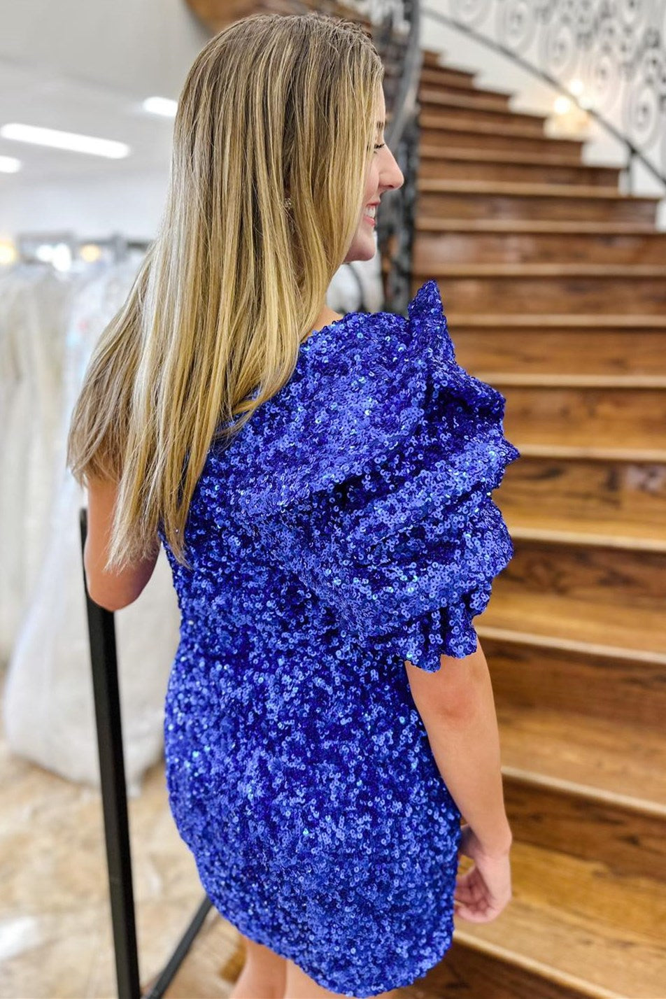 Sheath Royal Blue Sequin One-Shoulder Short Homecoming Dress | KissProm