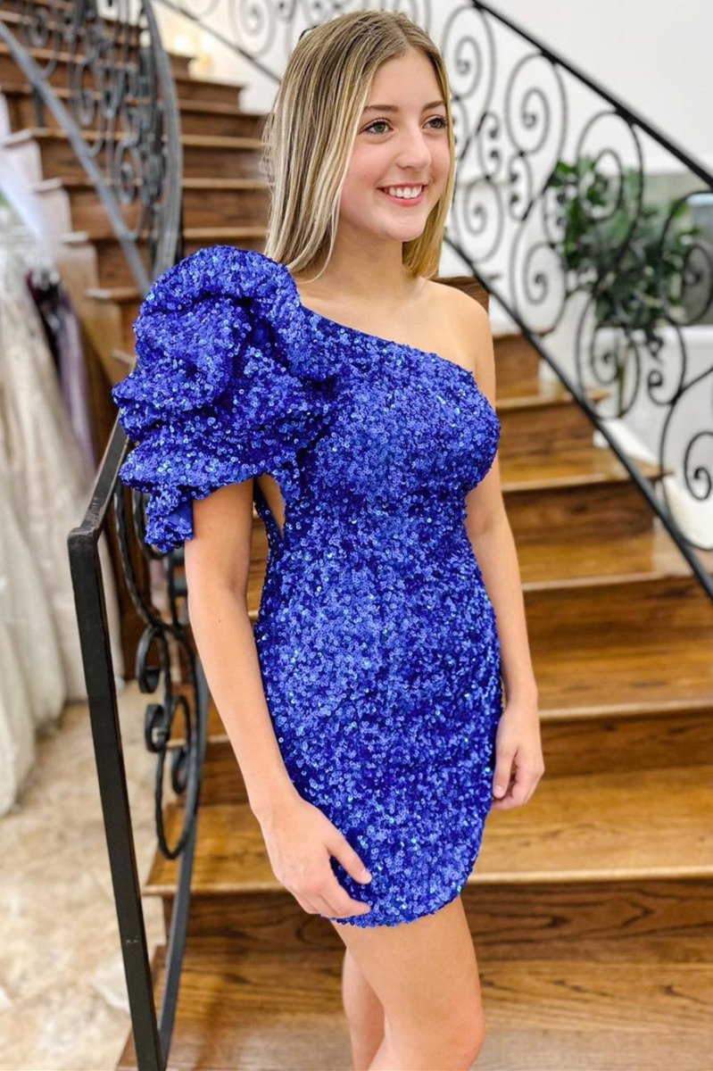 Sheath Royal Blue Sequin One - Shoulder Short Homecoming Dress - KissProm