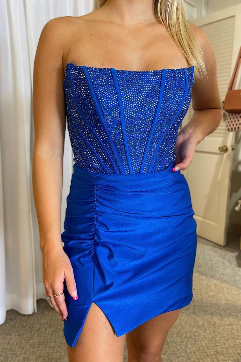 Royal Blue Strapless Beaded Tight Homecoming Dress - KissProm