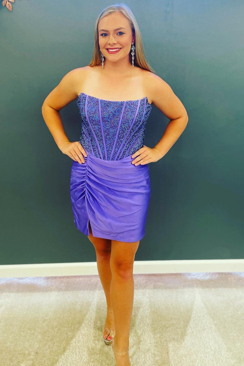 Royal Blue Strapless Beaded Tight Homecoming Dress - KissProm