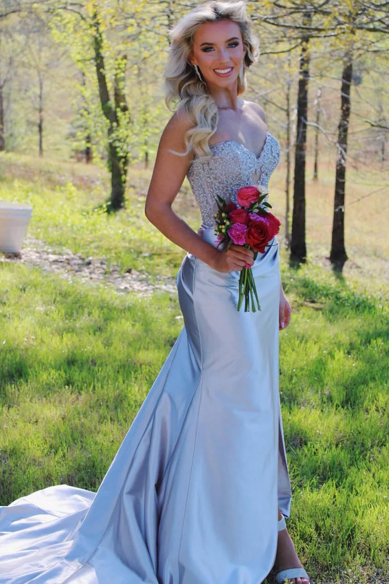 Aeth | Royal Blue Strapless Lace Mermaid Long Prom Dresses With Slit - KissProm