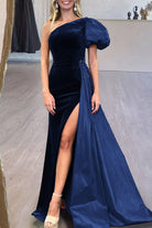 Jazmine | Royal Blue Velvet One - Shoulder Long Formal Dress with Attached Train - KissProm