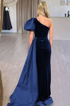 Jazmine | Royal Blue Velvet One - Shoulder Long Formal Dress with Attached Train - KissProm