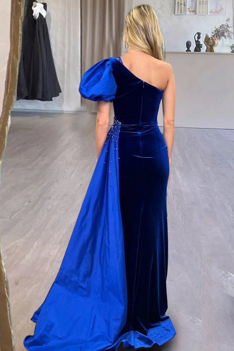 Jazmine | Royal Blue Velvet One - Shoulder Long Formal Dress with Attached Train - KissProm