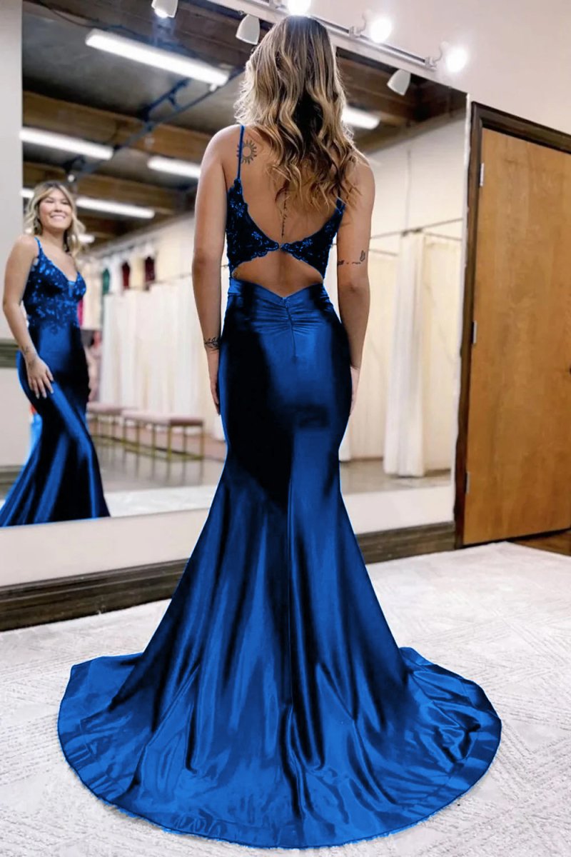 Leila |Mermaid Deep V Neck Satin Long Prom Dress with Appliques - KissProm