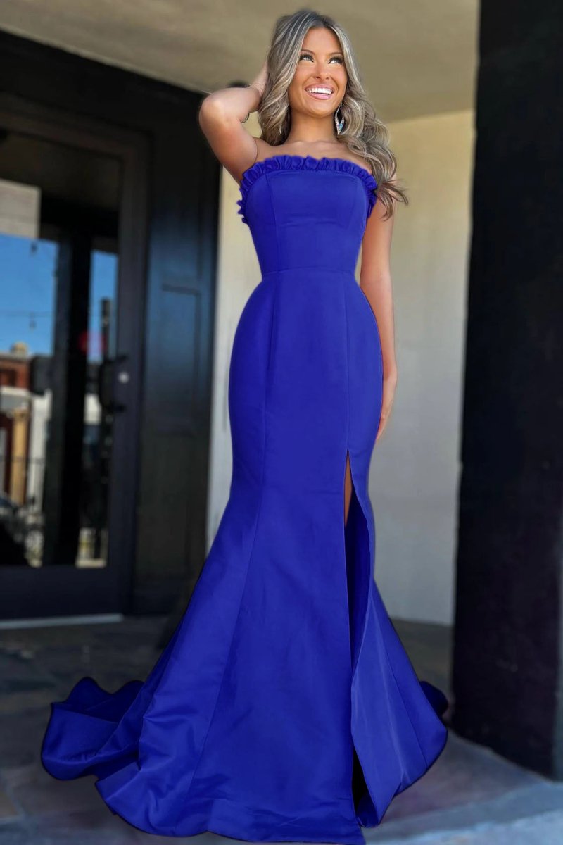 Denver | Strapless Maganta Ruffle Mermaid Slit Long Prom Dress - KissProm