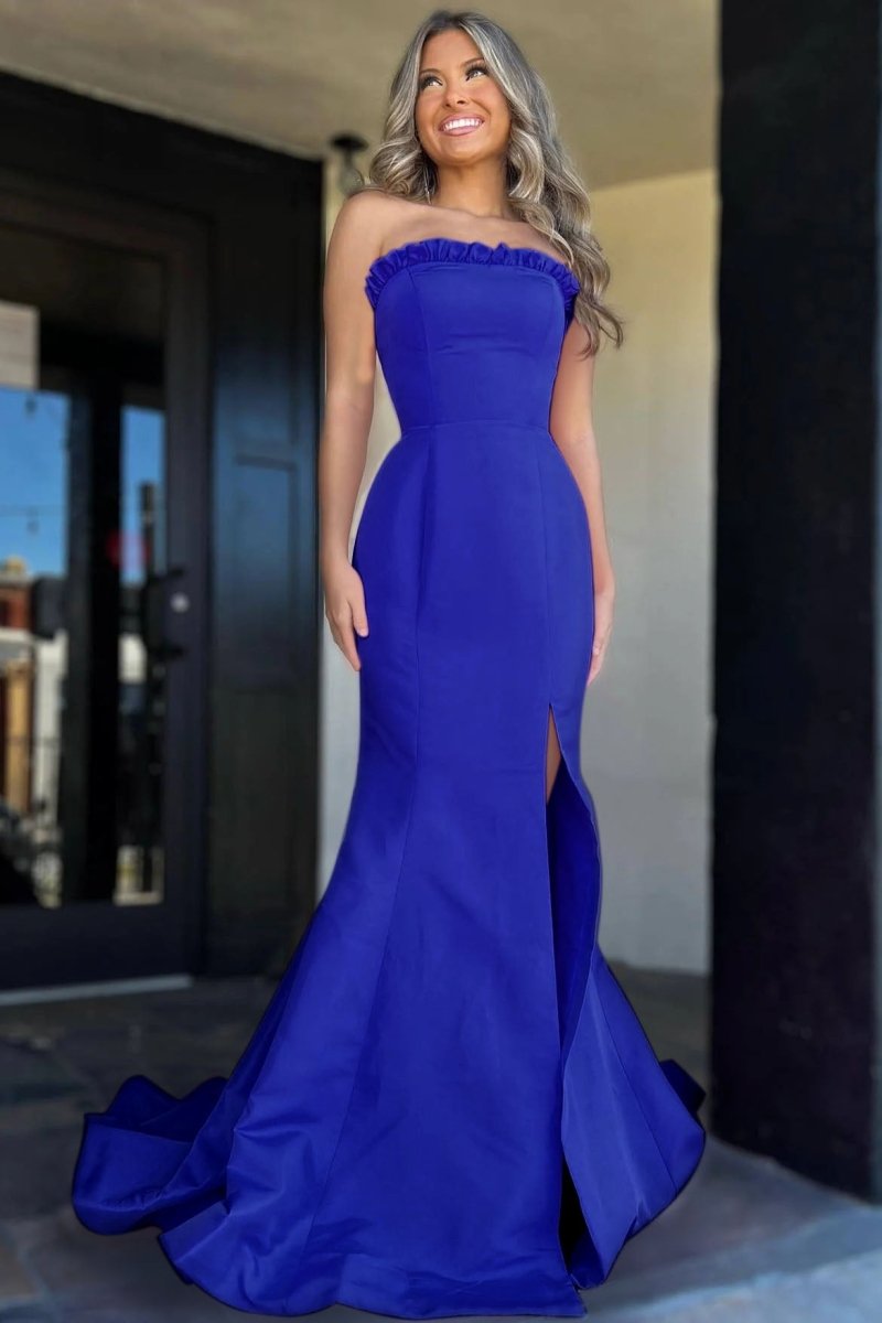 Denver | Strapless Maganta Ruffle Mermaid Slit Long Prom Dress - KissProm