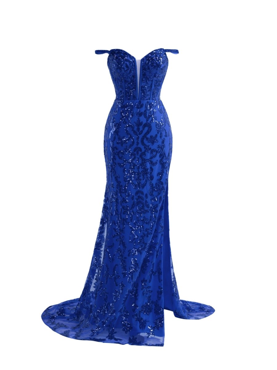 Erryn |Sparkly Blue Sheath Sequins Long Prom Dress with Slit - KissProm