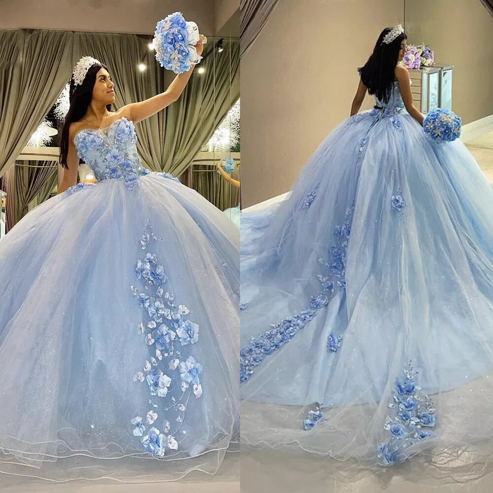 Sky Blue Tulle Ball-Gown Strapless Sleeveless Quinceanera Dresses