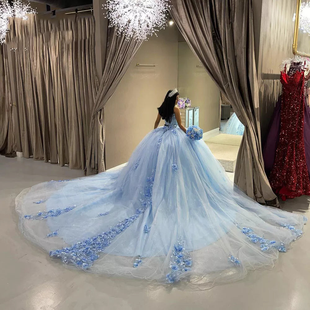 Sky Blue Tulle Ball-Gown Strapless Sleeveless Quinceanera Dresses