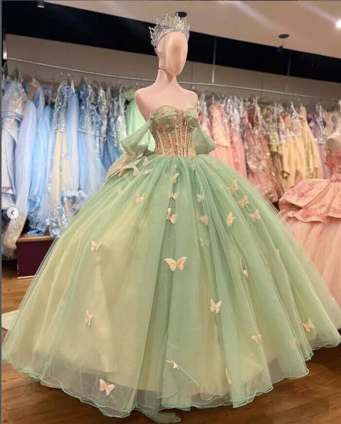 Ball Gown Light Green Tulle Quinceanera Dress With Butterflies | KissProm