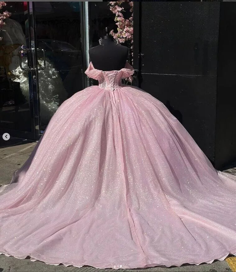 Carine | Glitter Off The Shoulder Pink Ball Gown Quinceanera Dresses |  KissProm