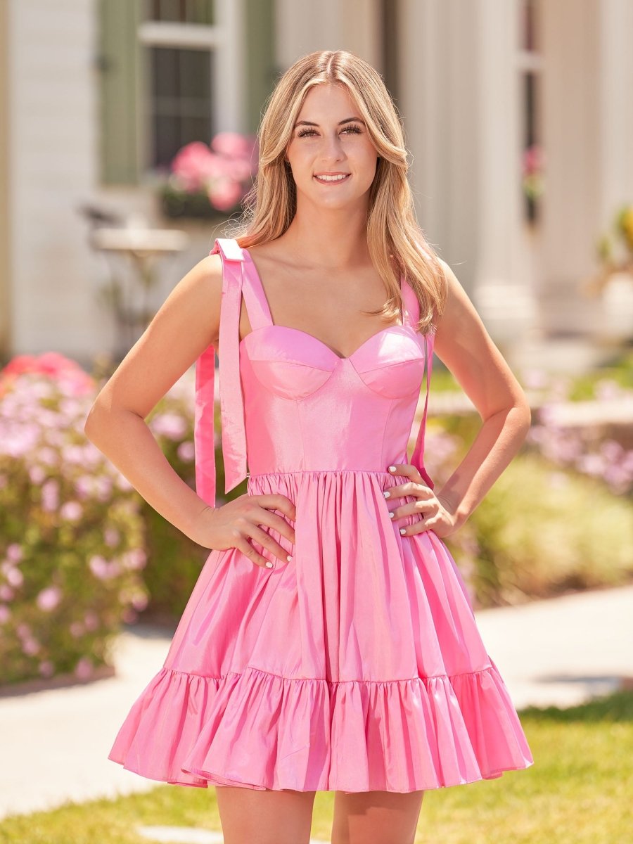 Sabrina | A - line Sweetheart Pink Ruffled Taffeta Homecoming Dress With Bow Straps - KissProm