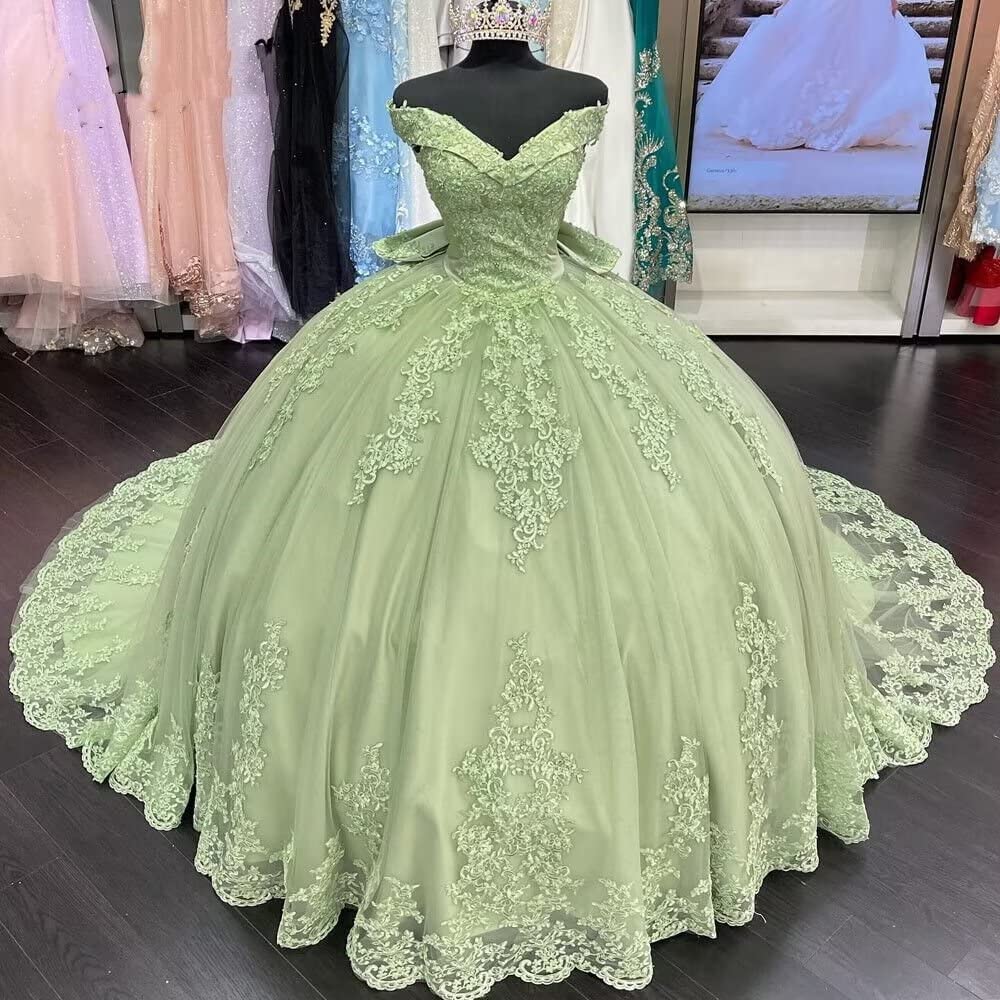 Lace Sage Green Quinceanera Dresses Applique Off Shoulder Dress