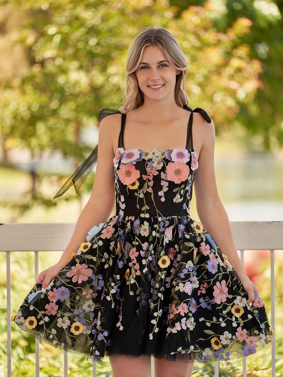 Sarah A Line Black Short Homecoming Dress with 3D Flowers KissProm KissProm