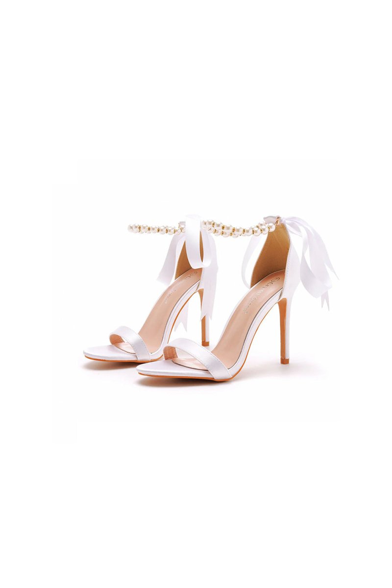 Satin Pearl Open Toe Ankle Strap High Heels - KissProm