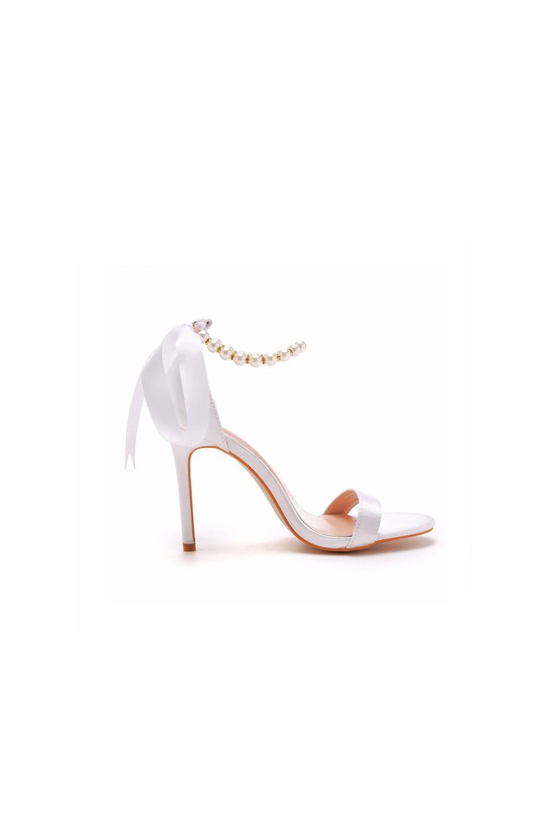 Satin Pearl Open Toe Ankle Strap High Heels - KissProm