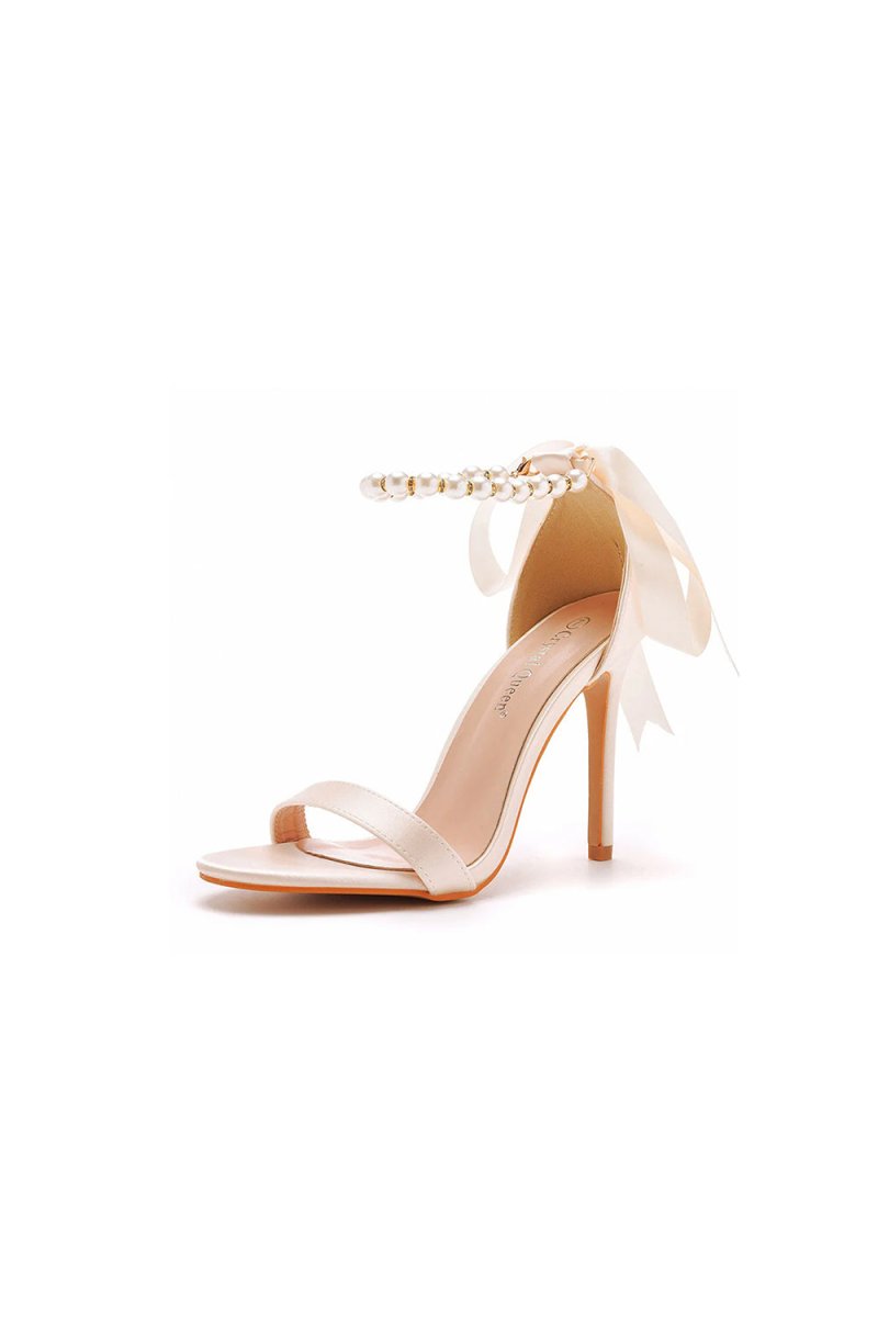 Satin Pearl Open Toe Ankle Strap High Heels - KissProm