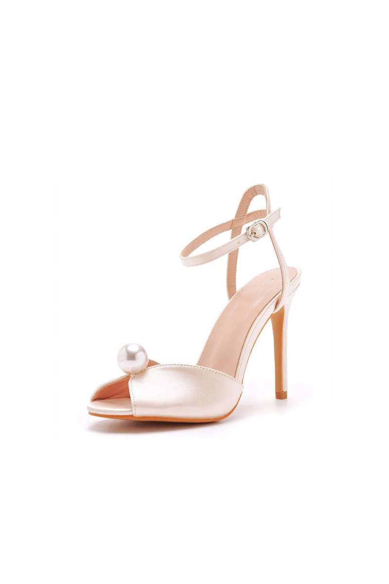 Satin Pearl Peep Toe Stiletto Ankle Strap Buckle Ultra High Heels - KissProm