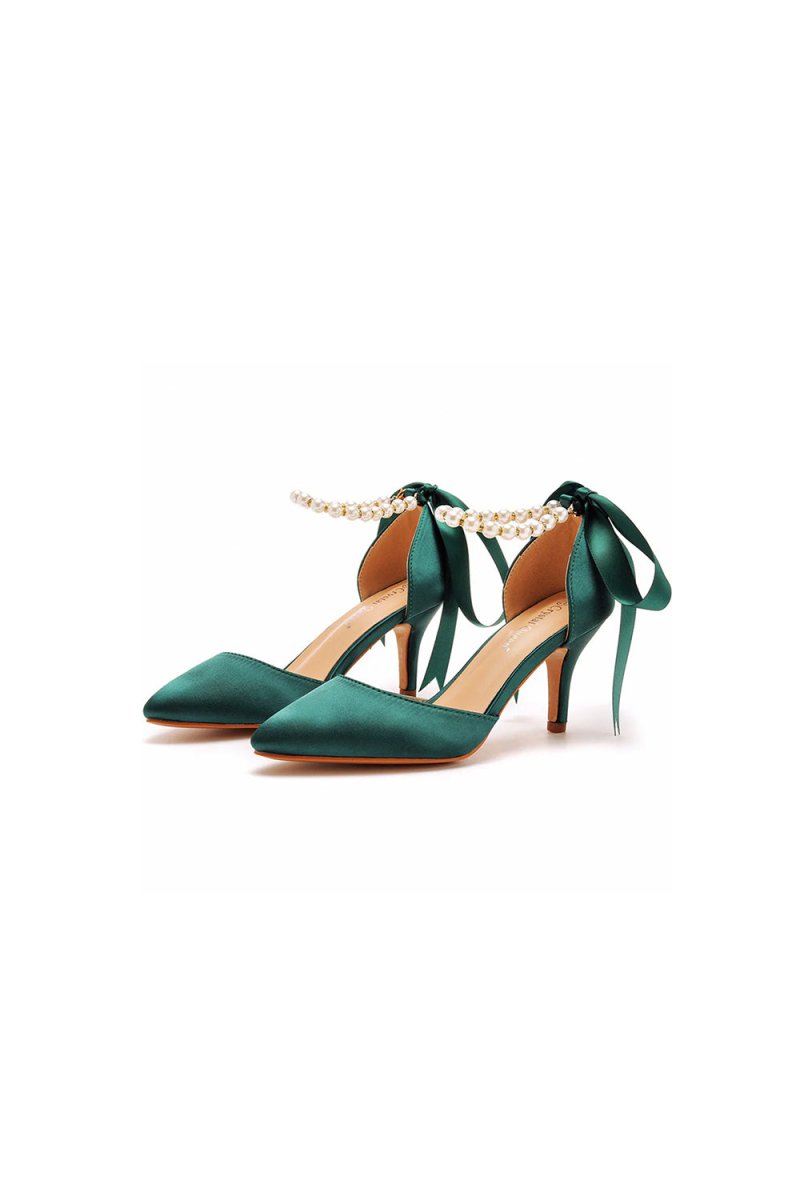 Satin Pearl Ribbon Tie Pointed Toe Ankle Strap High Heels - KissProm